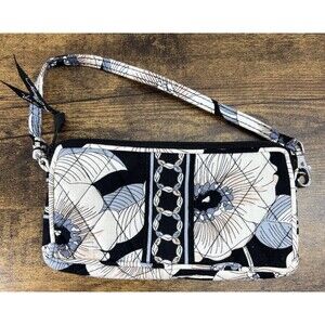 VERA BRADLEY Midnight Paisley Floral Wristlet Wallet Black White Zip Closure